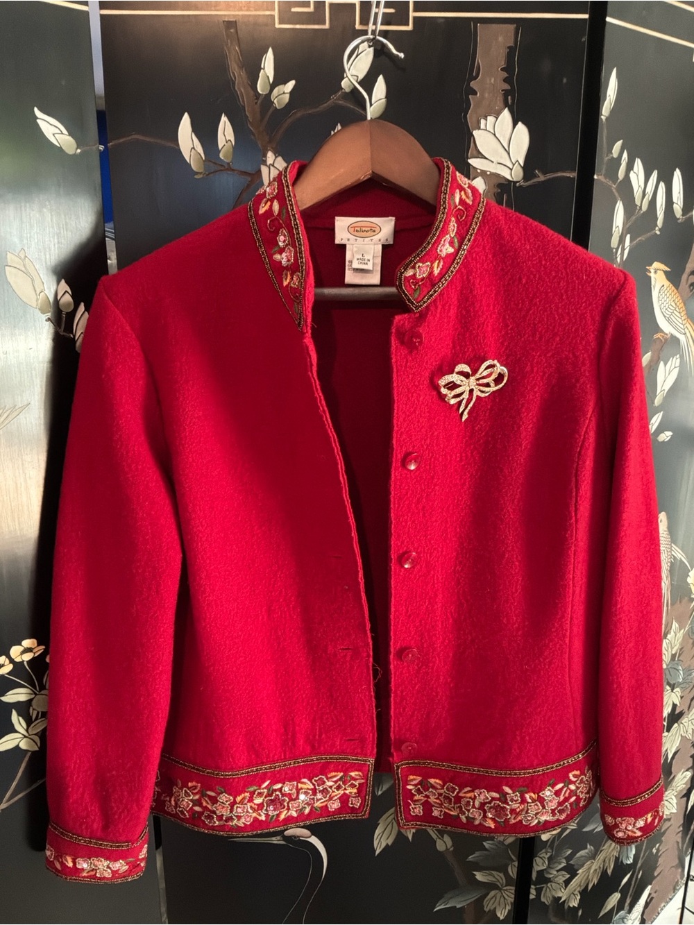 Talbots Petites Red Boiled Wool Beaded Embroidered Jacket Mandarin Collar PL